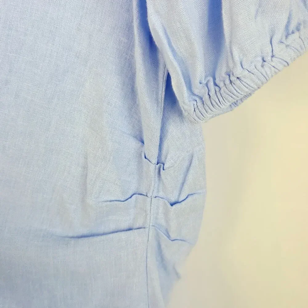 A New Day Mini Linen Dress Size 16 Light Blue Puff Sleeve Cottage Coastal Beach